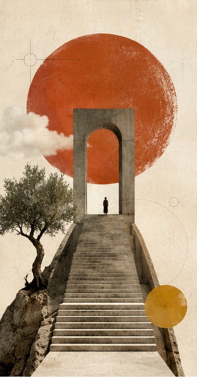 Tenkan illustrated — a figure ascending stone steps through an arch toward a rising red sun