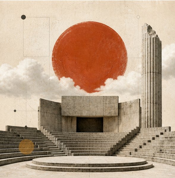 Editorial collage representing email sequences — cascading parchment letters and an envelope inside a red ensō circle