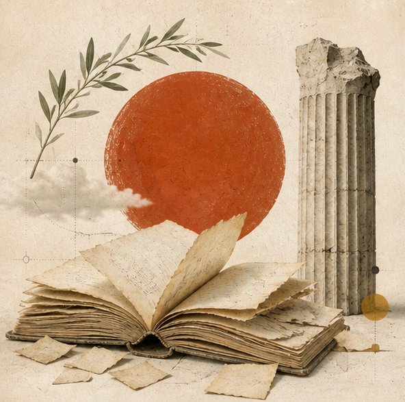 Editorial collage representing sales copy — an open vintage book with scattered manuscript pages, a red sun, and a fragmented column